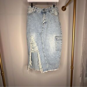 Denim Distressed Midi Jean Skirt with pocket and fringe in Light Vintage Wash M